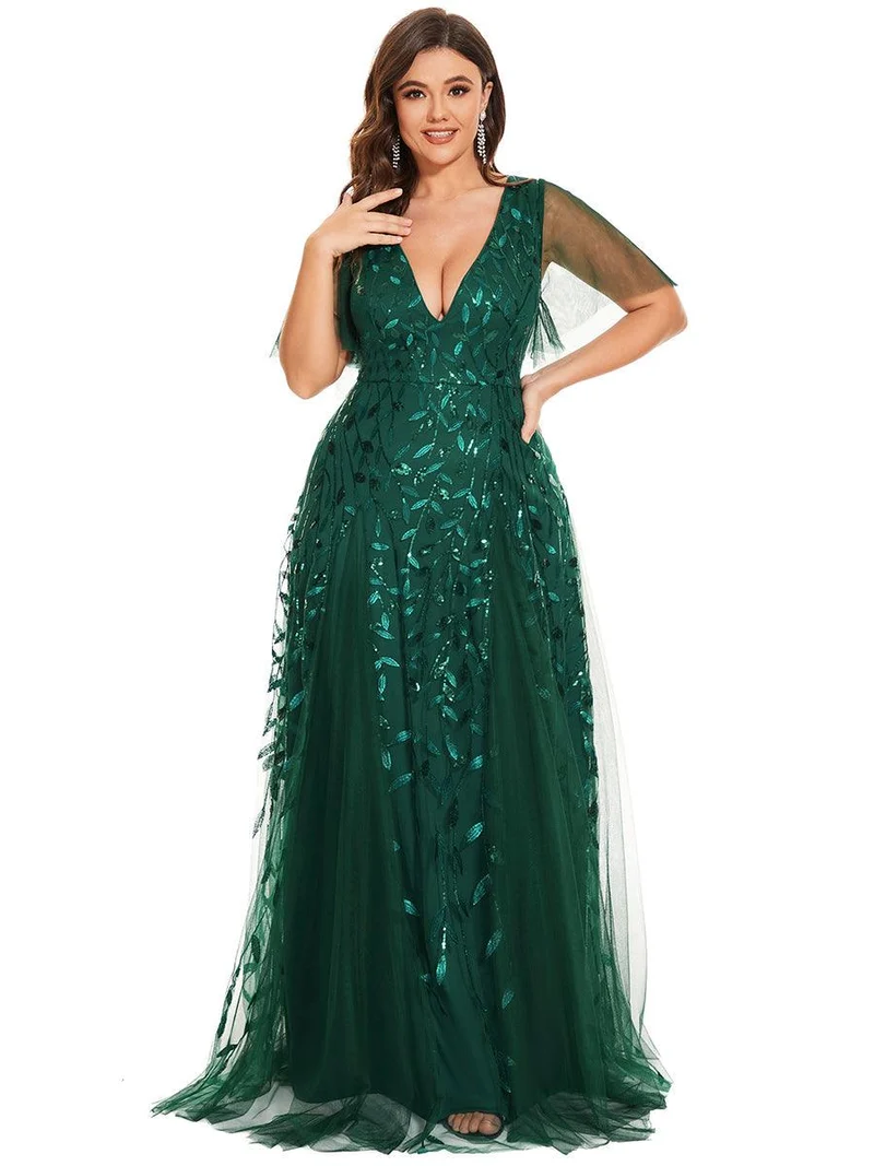 pretty ASTRAL|Robe de soirée romantique grande taille scintillante à col V et manches à volants