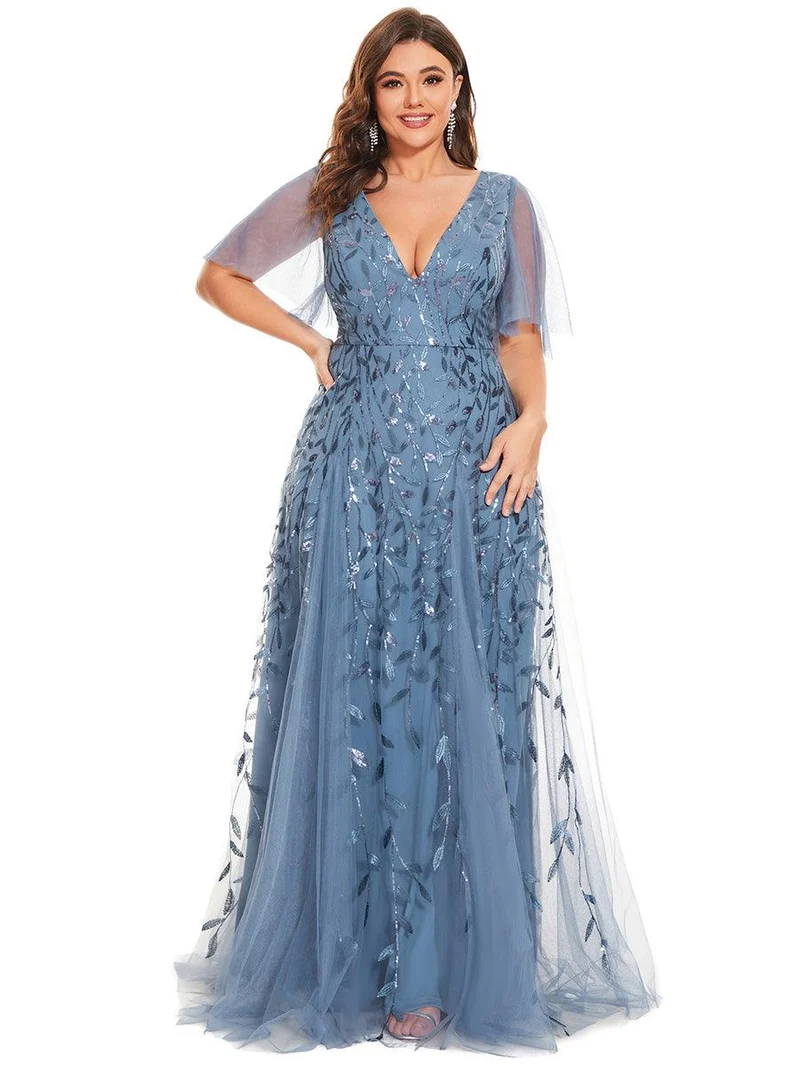 pretty ASTRAL|Robe de soirée romantique grande taille scintillante à col V et manches à volants