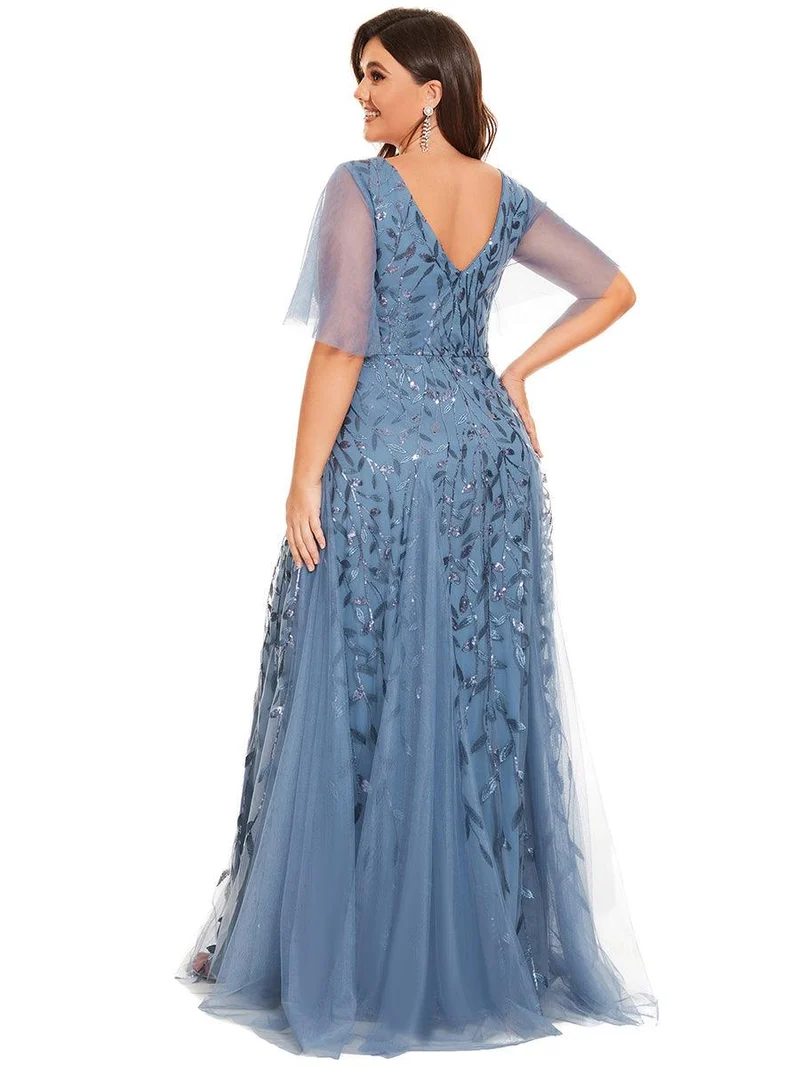 pretty ASTRAL|Robe de soirée romantique grande taille scintillante à col V et manches à volants