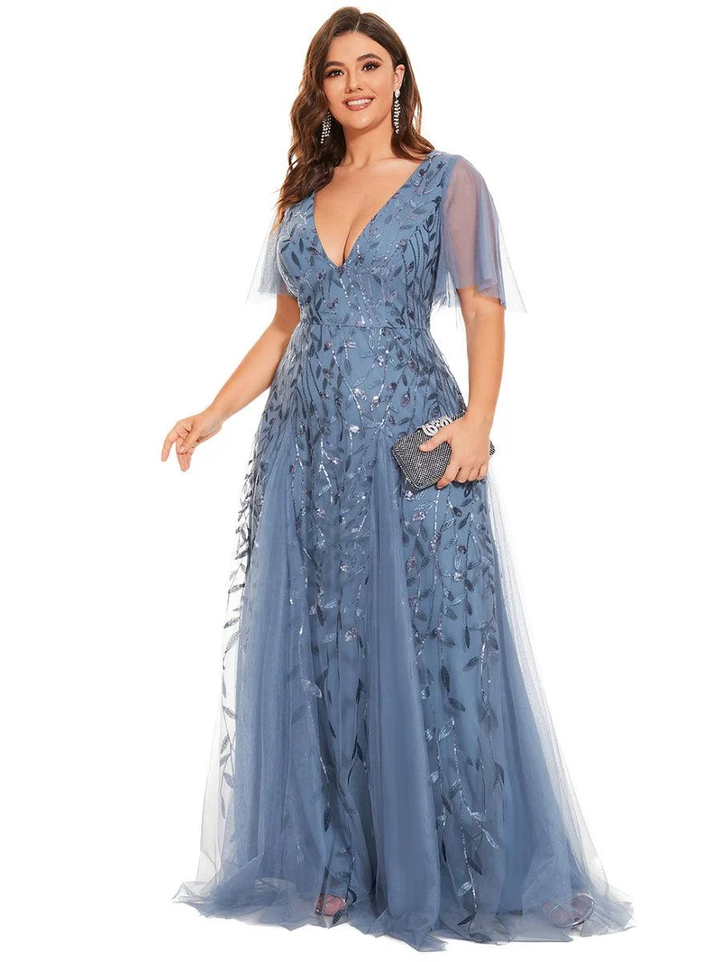 pretty ASTRAL|Robe de soirée romantique grande taille scintillante à col V et manches à volants