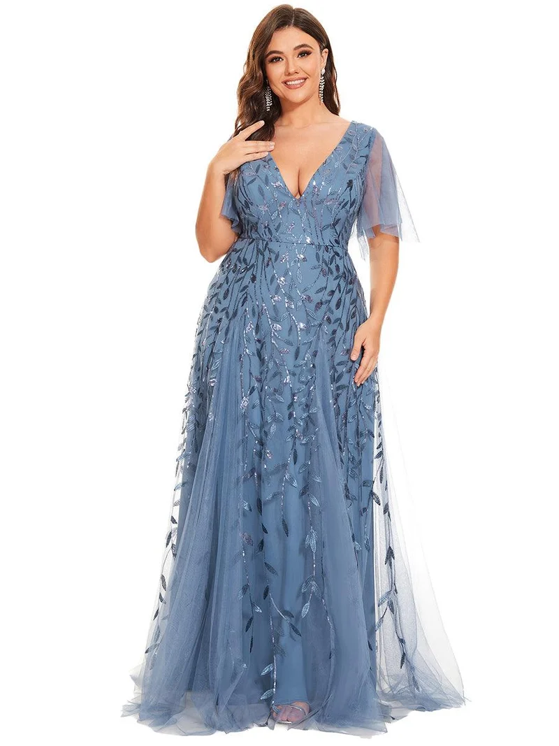 pretty ASTRAL|Robe de soirée romantique grande taille scintillante à col V et manches à volants