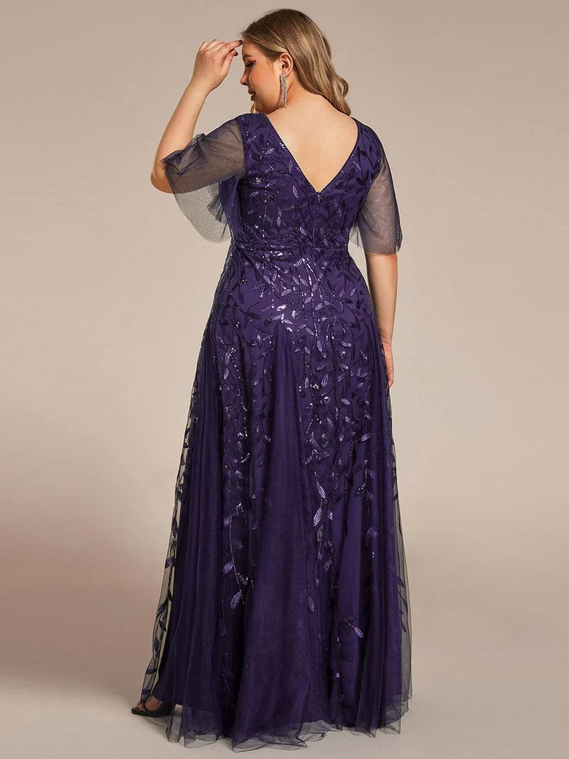 pretty ASTRAL|Robe de soirée romantique grande taille scintillante à col V et manches à volants
