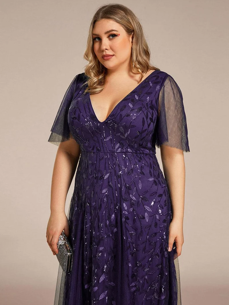 pretty ASTRAL|Robe de soirée romantique grande taille scintillante à col V et manches à volants