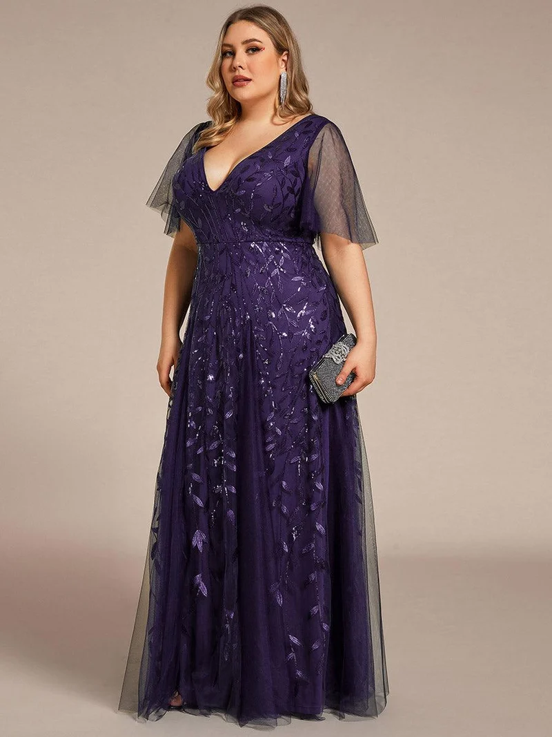 pretty ASTRAL|Robe de soirée romantique grande taille scintillante à col V et manches à volants