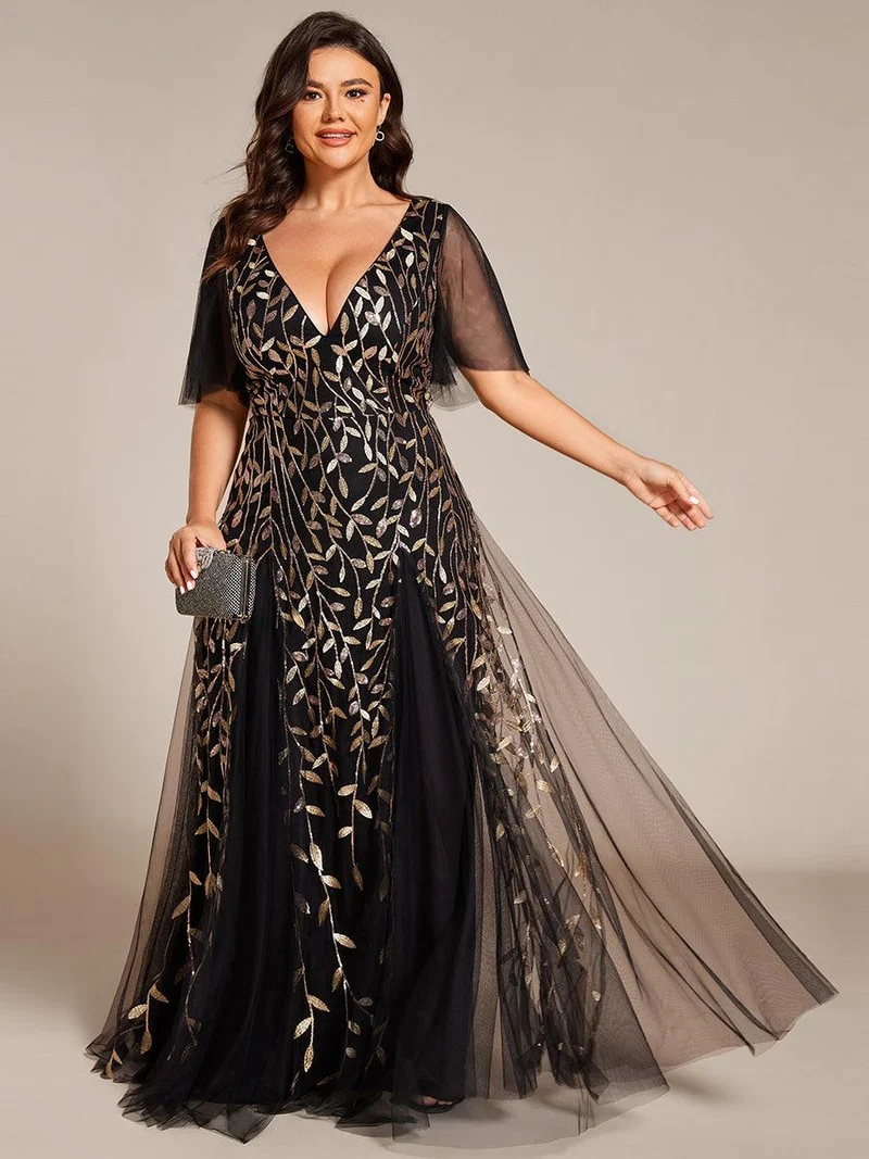 pretty ASTRAL|Robe de soirée romantique grande taille scintillante à col V et manches à volants