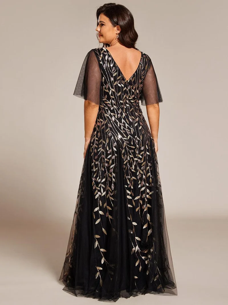 pretty ASTRAL|Robe de soirée romantique grande taille scintillante à col V et manches à volants