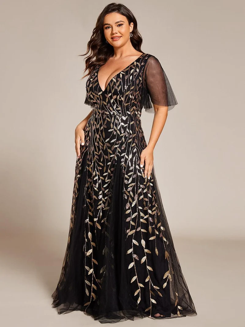 pretty ASTRAL|Robe de soirée romantique grande taille scintillante à col V et manches à volants