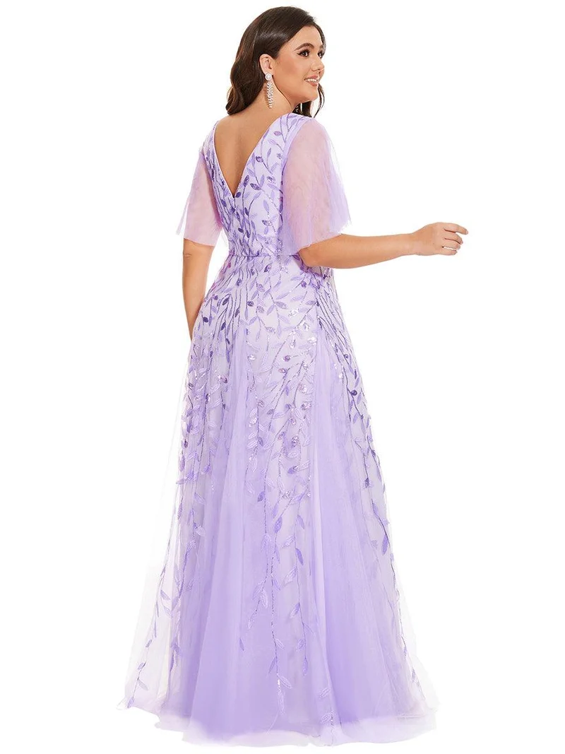 pretty ASTRAL|Robe de soirée romantique grande taille scintillante à col V et manches à volants