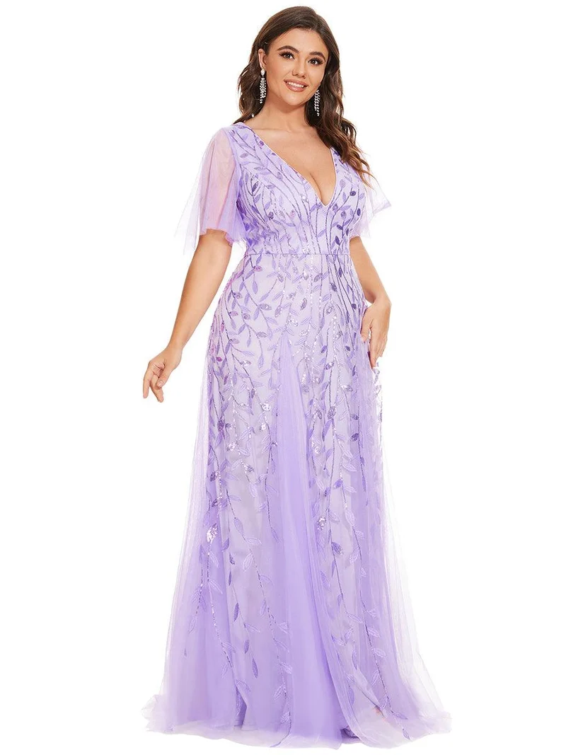 pretty ASTRAL|Robe de soirée romantique grande taille scintillante à col V et manches à volants