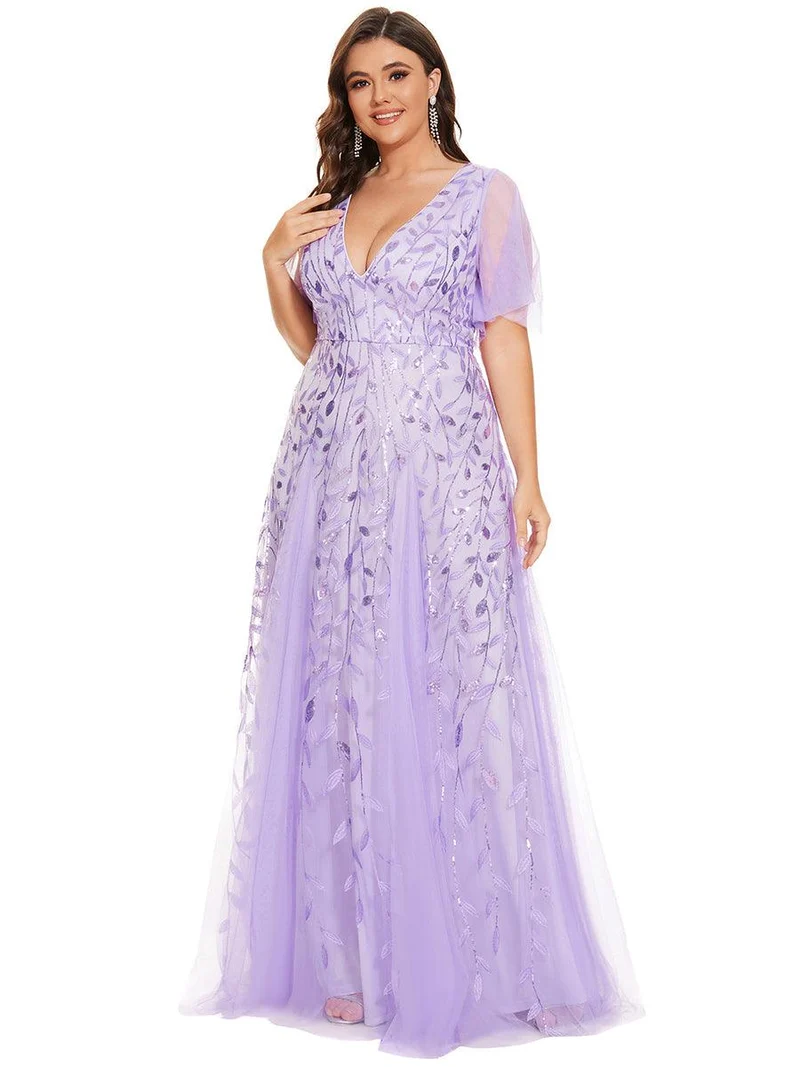 pretty ASTRAL|Robe de soirée romantique grande taille scintillante à col V et manches à volants