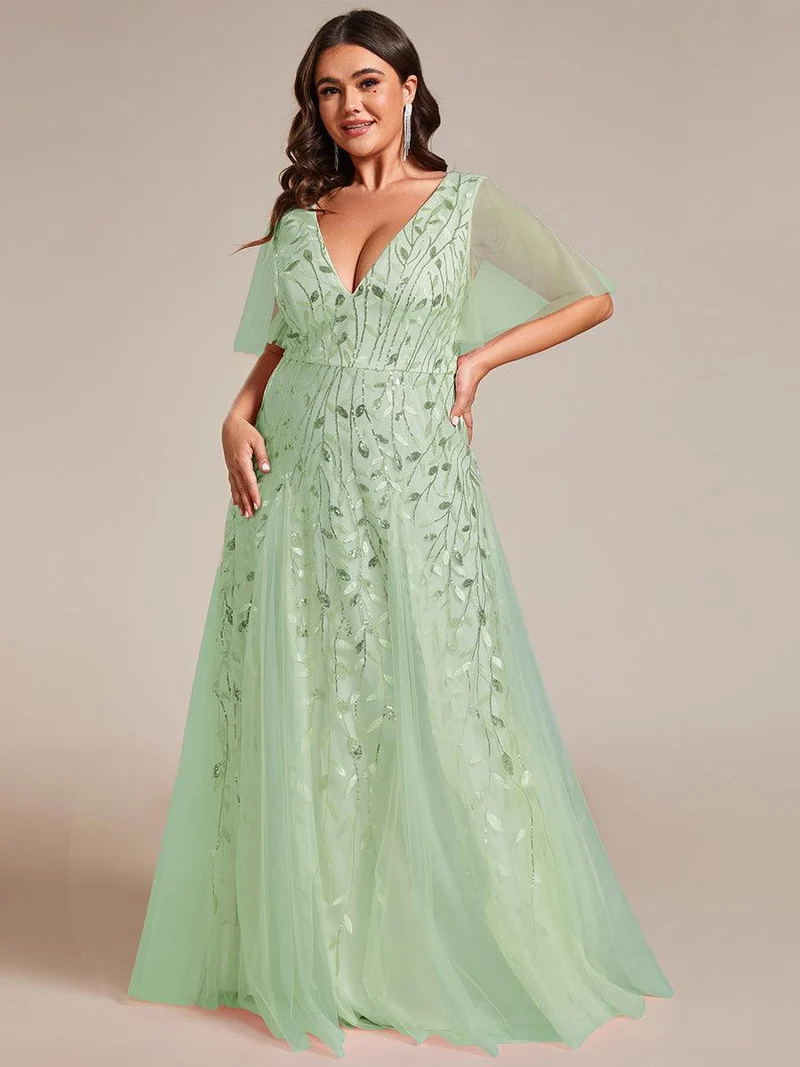 pretty ASTRAL|Robe de soirée romantique grande taille scintillante à col V et manches à volants