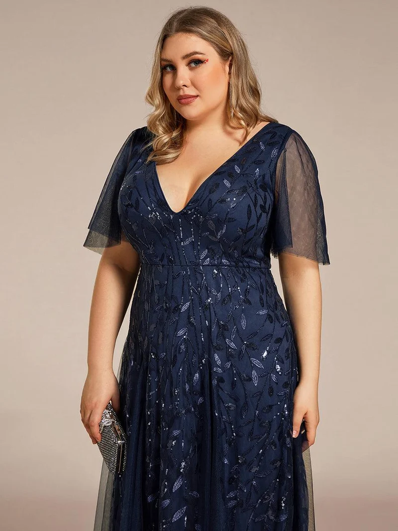 pretty ASTRAL|Robe de soirée romantique grande taille scintillante à col V et manches à volants