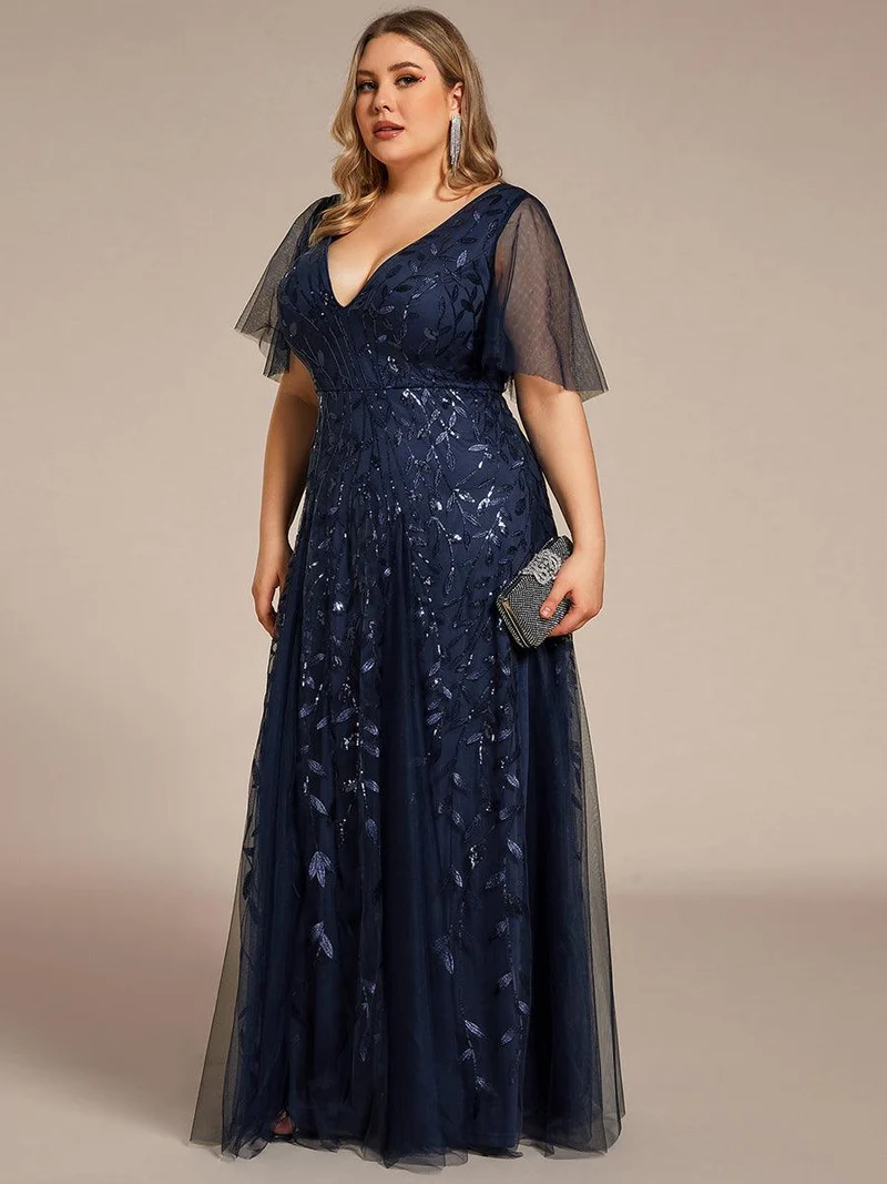 pretty ASTRAL|Robe de soirée romantique grande taille scintillante à col V et manches à volants