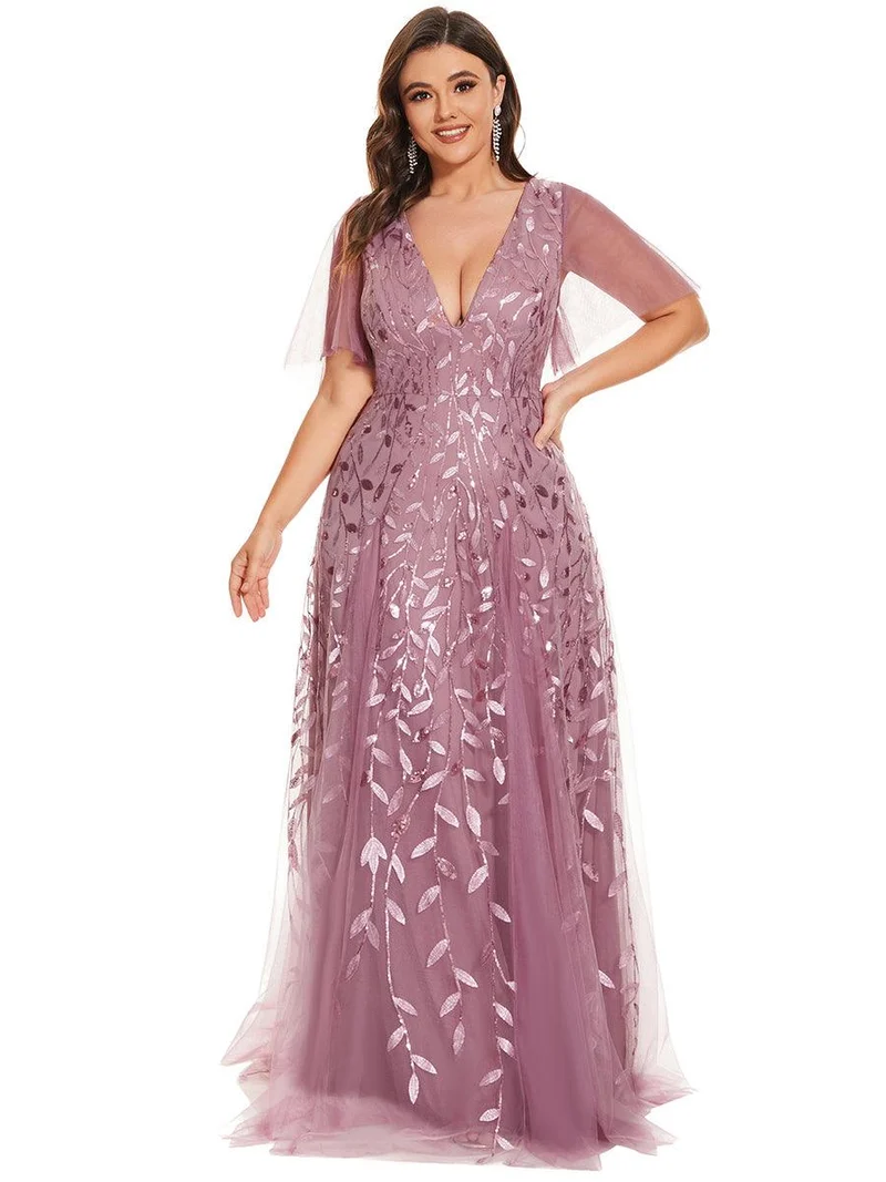 pretty ASTRAL|Robe de soirée romantique grande taille scintillante à col V et manches à volants