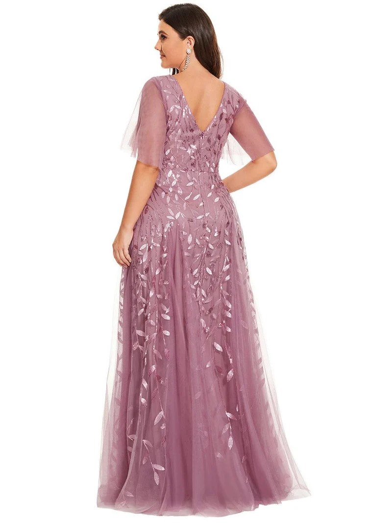 pretty ASTRAL|Robe de soirée romantique grande taille scintillante à col V et manches à volants