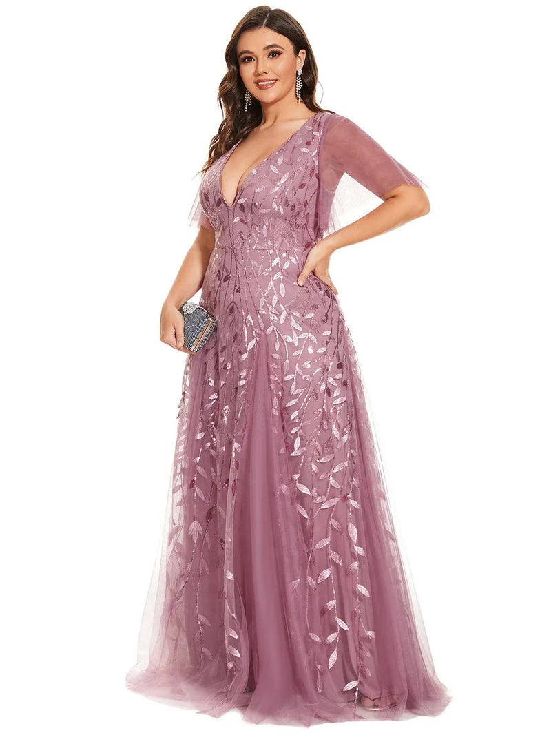 pretty ASTRAL|Robe de soirée romantique grande taille scintillante à col V et manches à volants