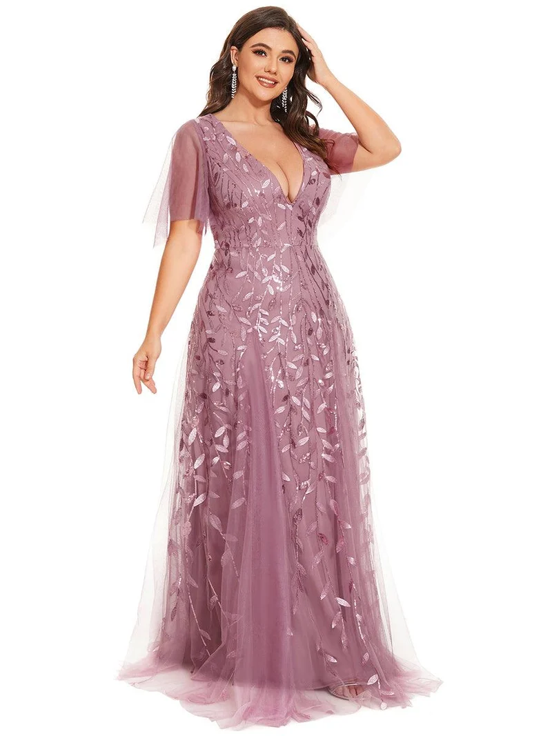 pretty ASTRAL|Robe de soirée romantique grande taille scintillante à col V et manches à volants