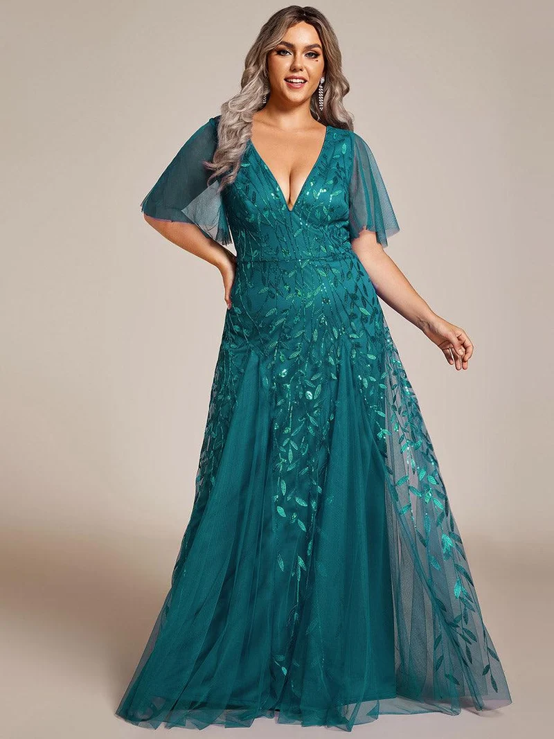 pretty ASTRAL|Robe de soirée romantique grande taille scintillante à col V et manches à volants