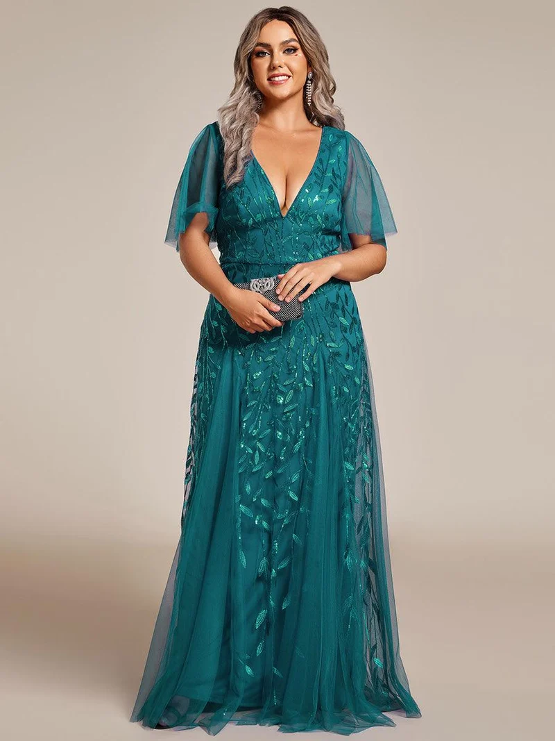 pretty ASTRAL|Robe de soirée romantique grande taille scintillante à col V et manches à volants