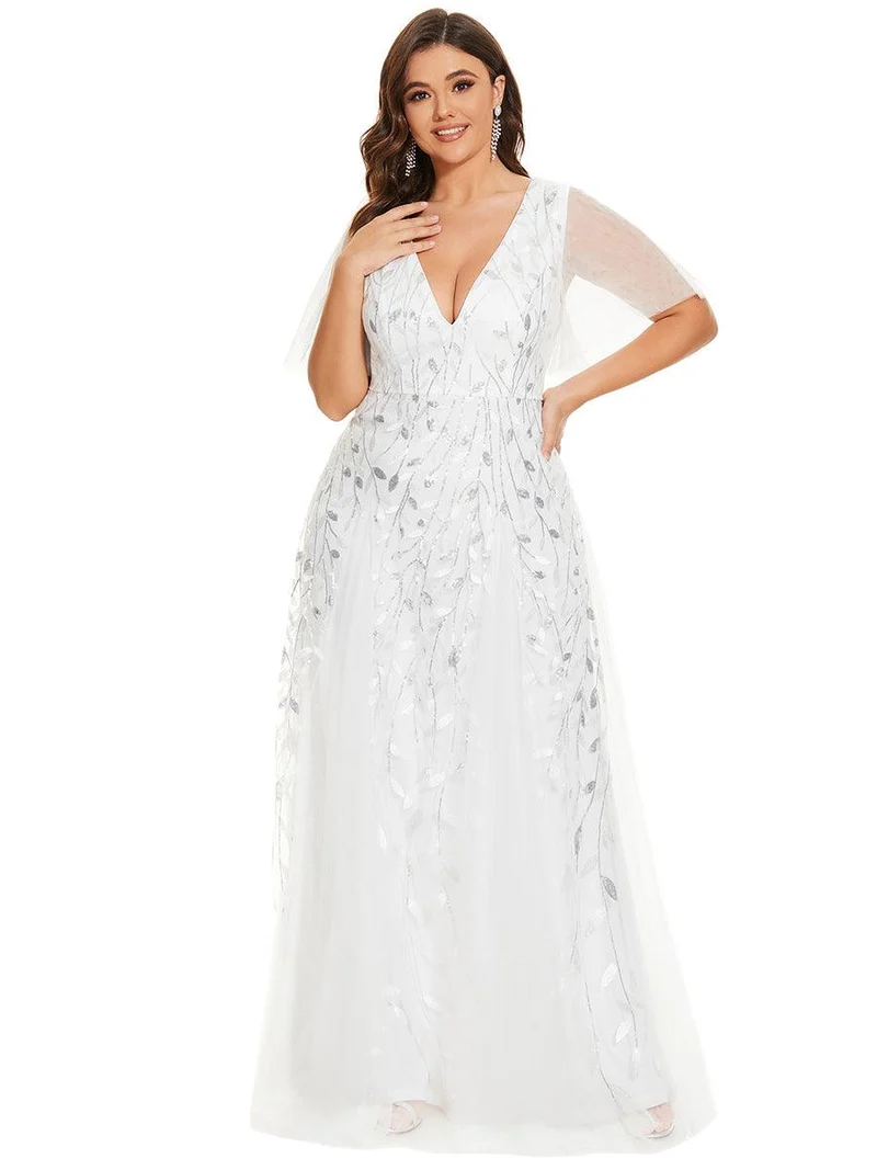 pretty ASTRAL|Robe de soirée romantique grande taille scintillante à col V et manches à volants
