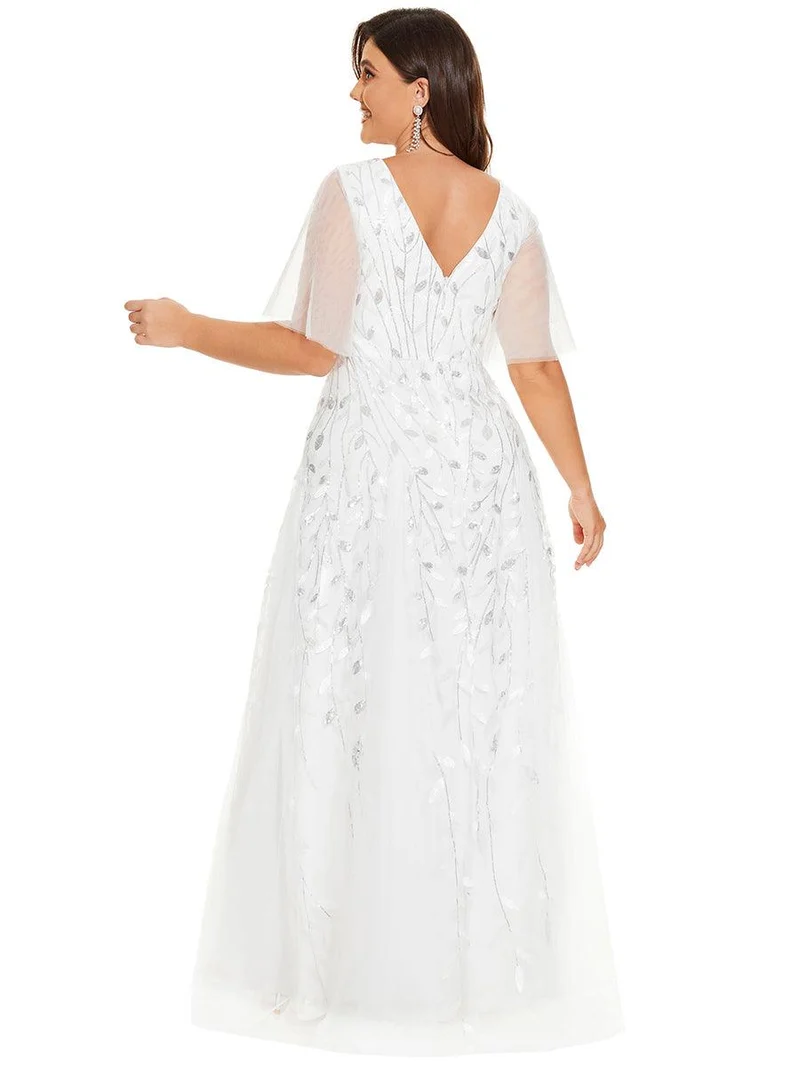 pretty ASTRAL|Robe de soirée romantique grande taille scintillante à col V et manches à volants