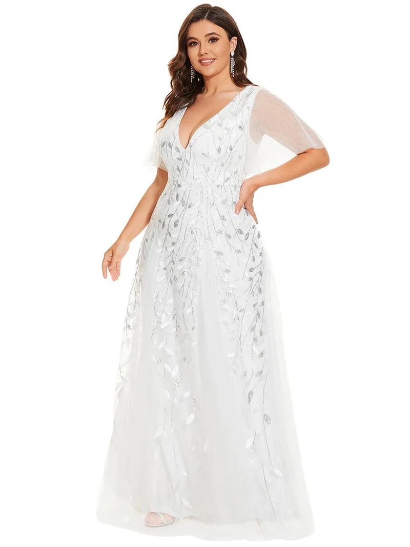 pretty ASTRAL|Robe de soirée romantique grande taille scintillante à col V et manches à volants