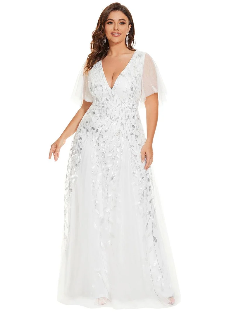 pretty ASTRAL|Robe de soirée romantique grande taille scintillante à col V et manches à volants
