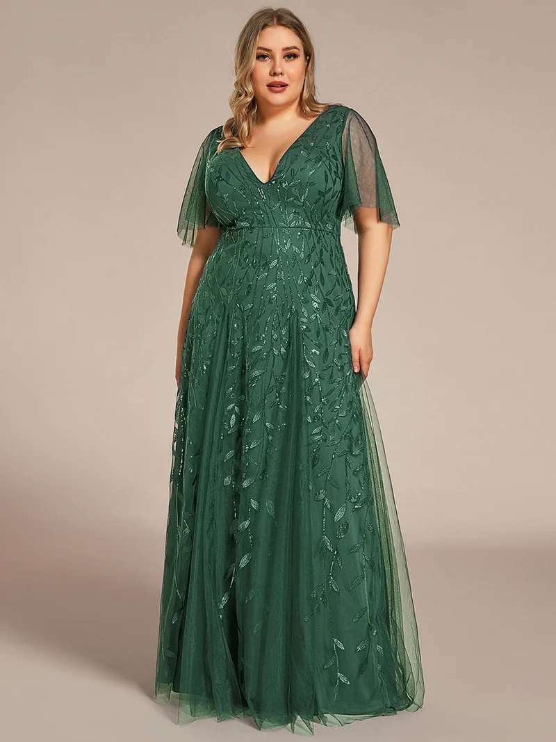 pretty ASTRAL|Robe de soirée romantique grande taille scintillante à col V et manches à volants