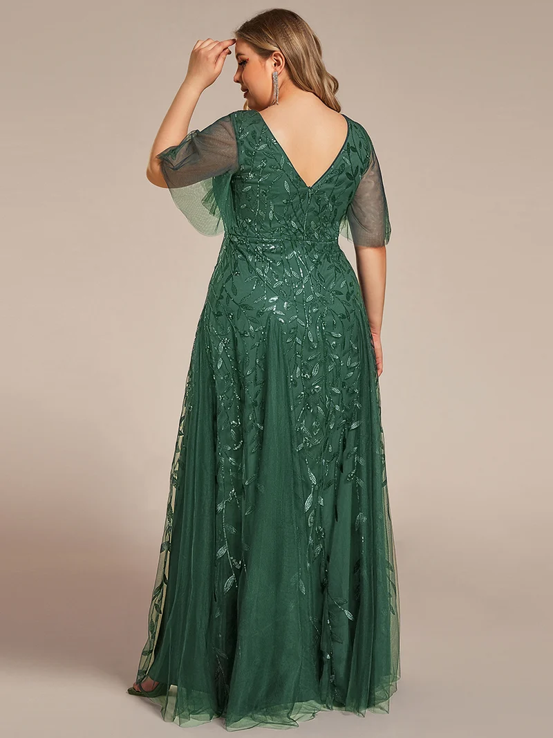 pretty ASTRAL|Robe de soirée romantique grande taille scintillante à col V et manches à volants