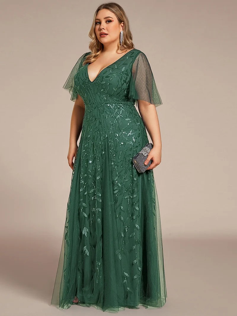pretty ASTRAL|Robe de soirée romantique grande taille scintillante à col V et manches à volants