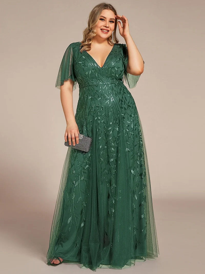 pretty ASTRAL|Robe de soirée romantique grande taille scintillante à col V et manches à volants