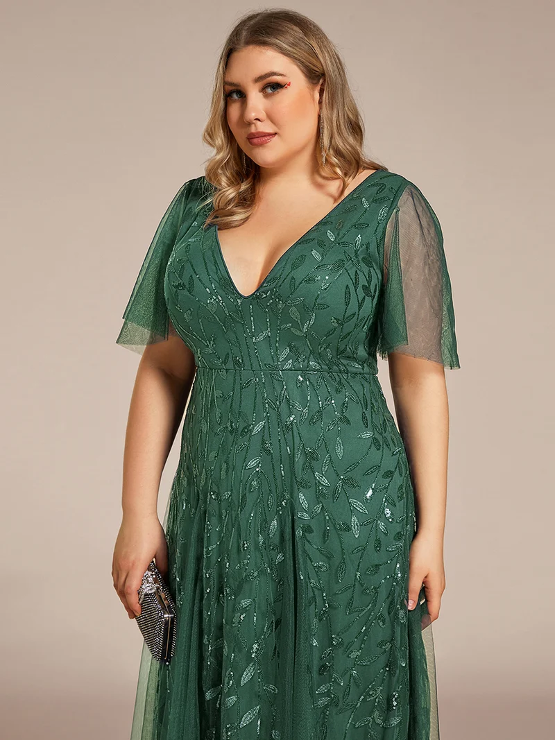pretty ASTRAL|Robe de soirée romantique grande taille scintillante à col V et manches à volants