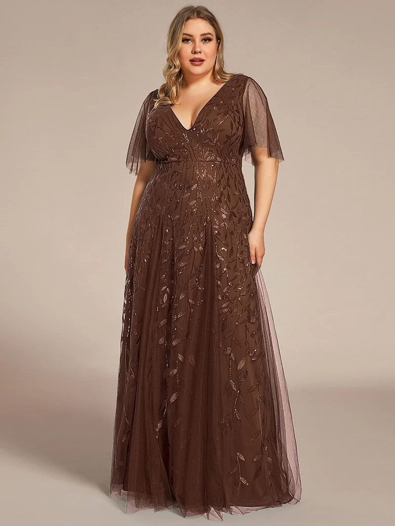 pretty ASTRAL|Robe de soirée romantique grande taille scintillante à col V et manches à volants