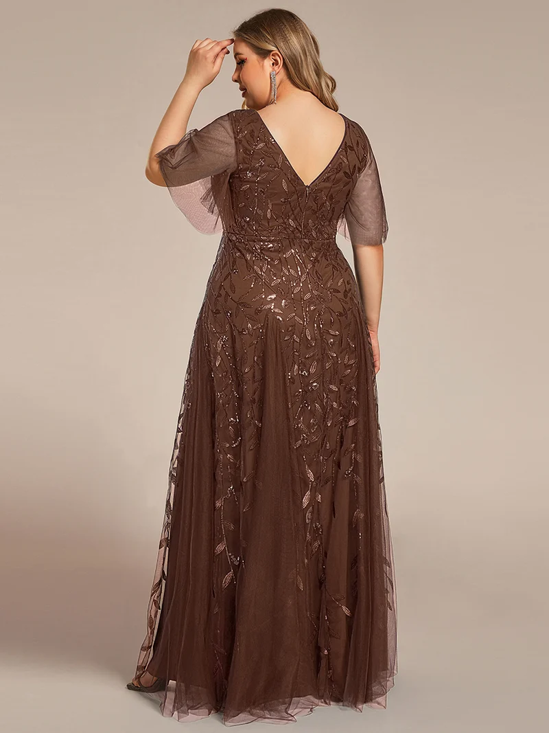 pretty ASTRAL|Robe de soirée romantique grande taille scintillante à col V et manches à volants