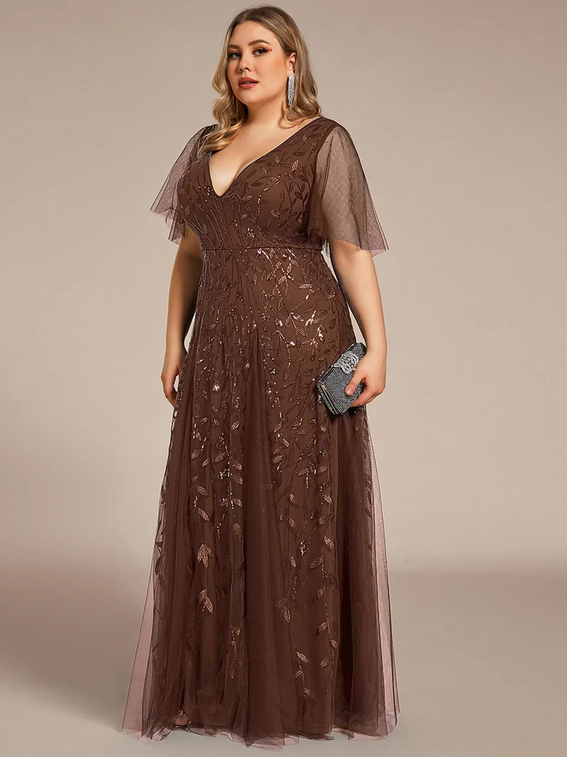 pretty ASTRAL|Robe de soirée romantique grande taille scintillante à col V et manches à volants