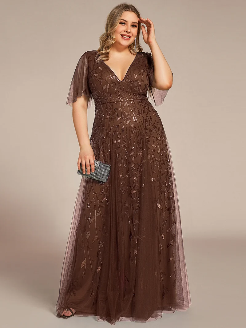 pretty ASTRAL|Robe de soirée romantique grande taille scintillante à col V et manches à volants