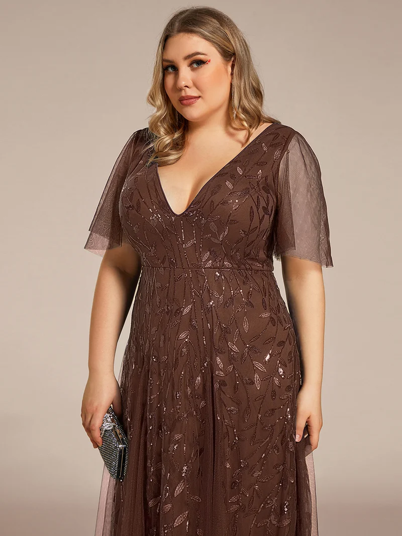 pretty ASTRAL|Robe de soirée romantique grande taille scintillante à col V et manches à volants