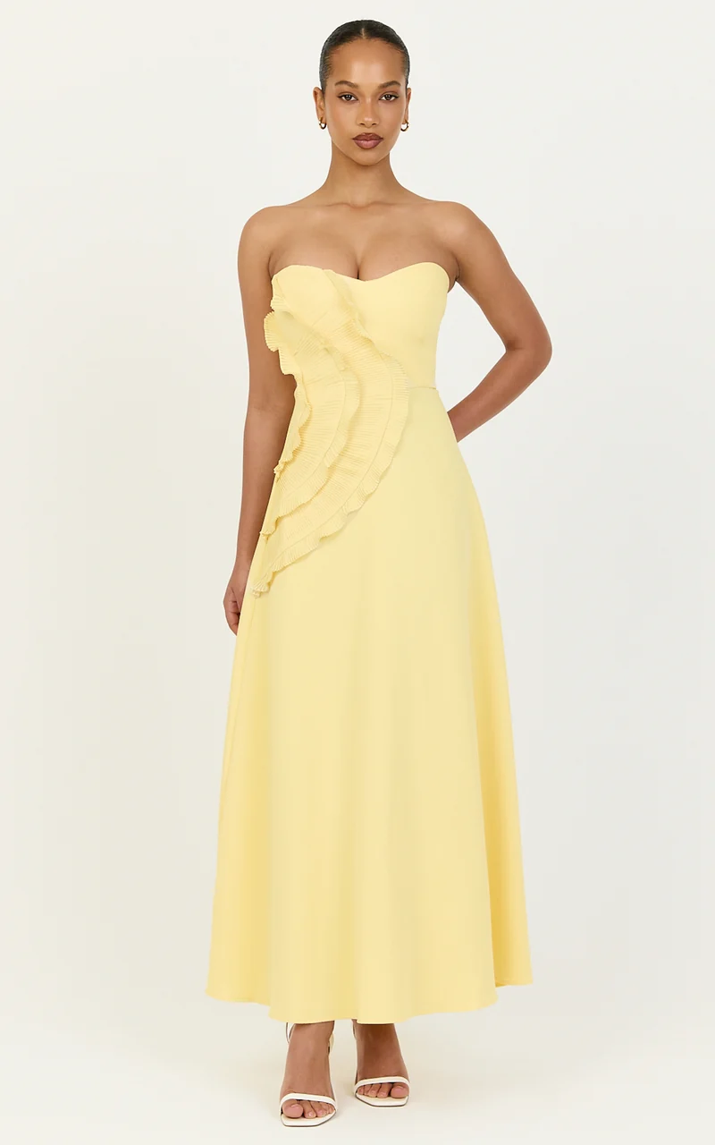 Dahlia Midi Dress - Strapless Side Frill Pleated A Line Dress in Lemon