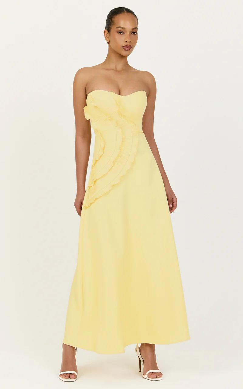 Dahlia Midi Dress - Strapless Side Frill Pleated A Line Dress in Lemon
