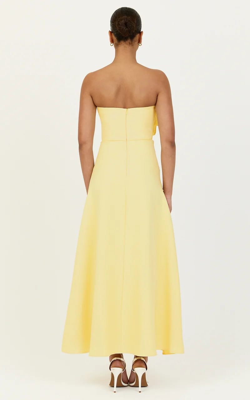 Dahlia Midi Dress - Strapless Side Frill Pleated A Line Dress in Lemon