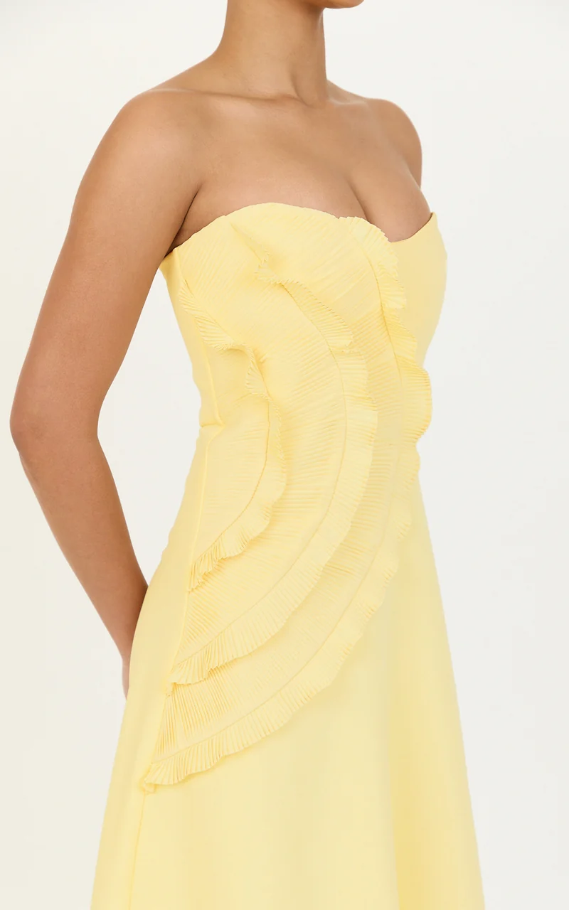 Dahlia Midi Dress - Strapless Side Frill Pleated A Line Dress in Lemon