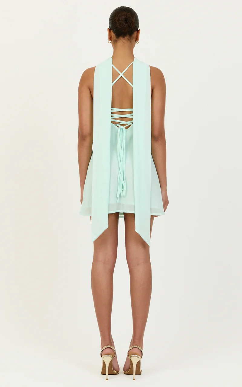 Arin Mini Dress - Satin Contrast Dress With Draped Neck Scarf in Mint