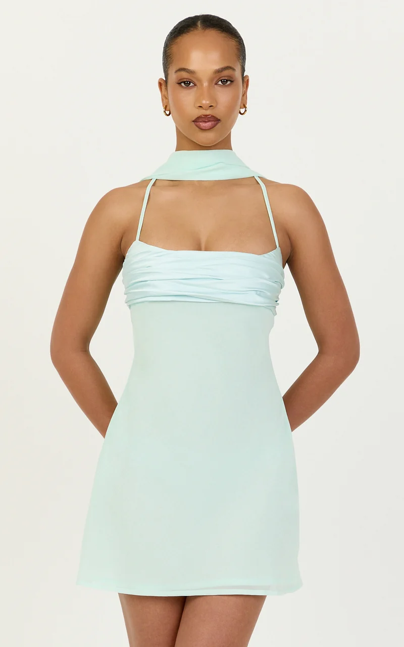 Arin Mini Dress - Satin Contrast Dress With Draped Neck Scarf in Mint