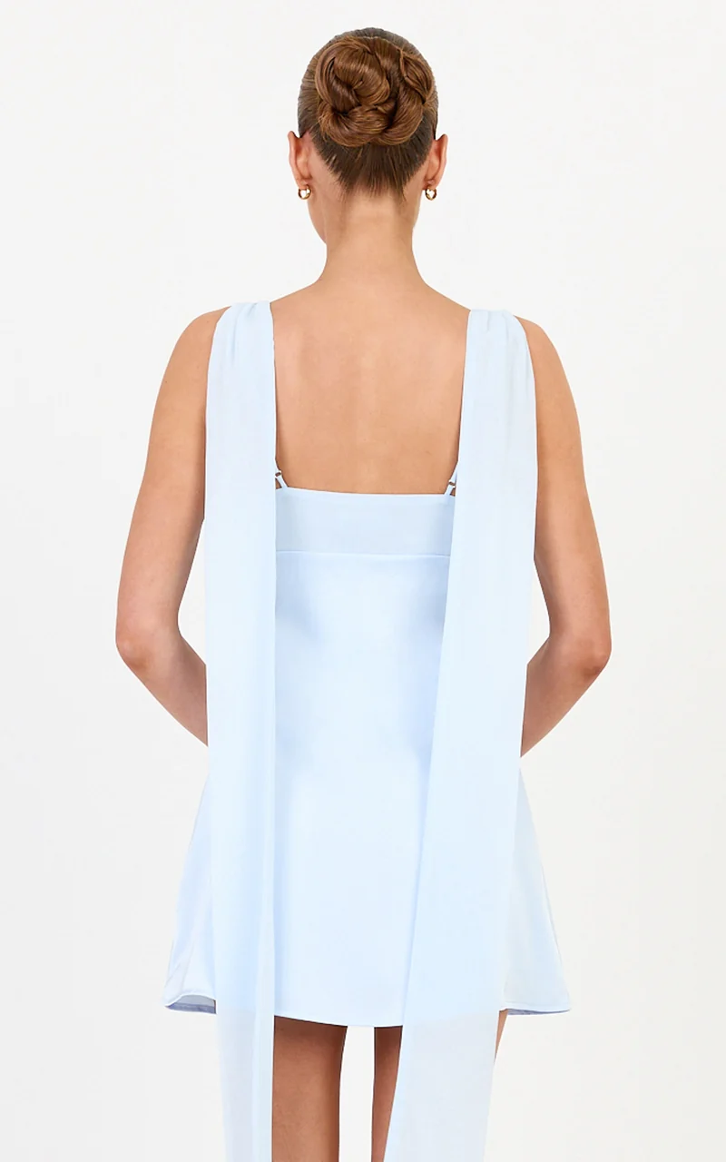 Rowe Mini Dress - Draped Back Shoulder Sash Dress in Soft Blue