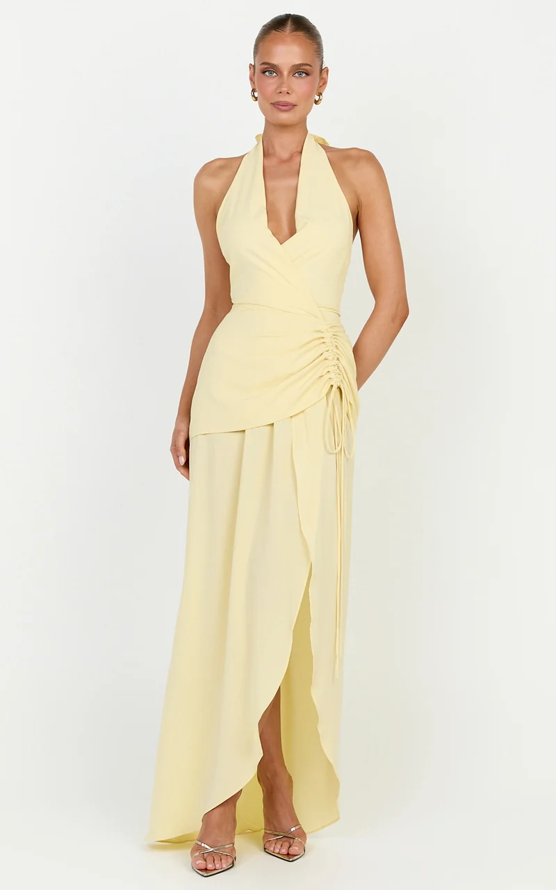 Reef Midi Dress - Plunge Halter Neck Ruched Waist Dress in Lemon