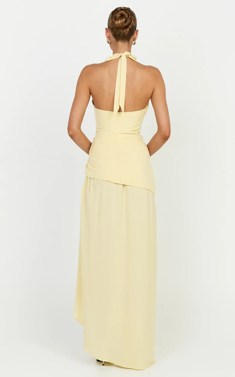 Reef Midi Dress - Plunge Halter Neck Ruched Waist Dress in Lemon