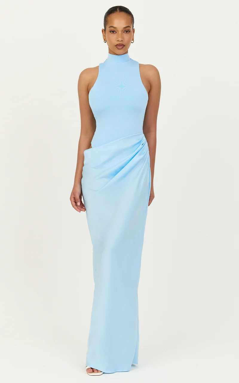 Elodie Maxi Dress - High Neck Draped Overlay Dress in Light Blue