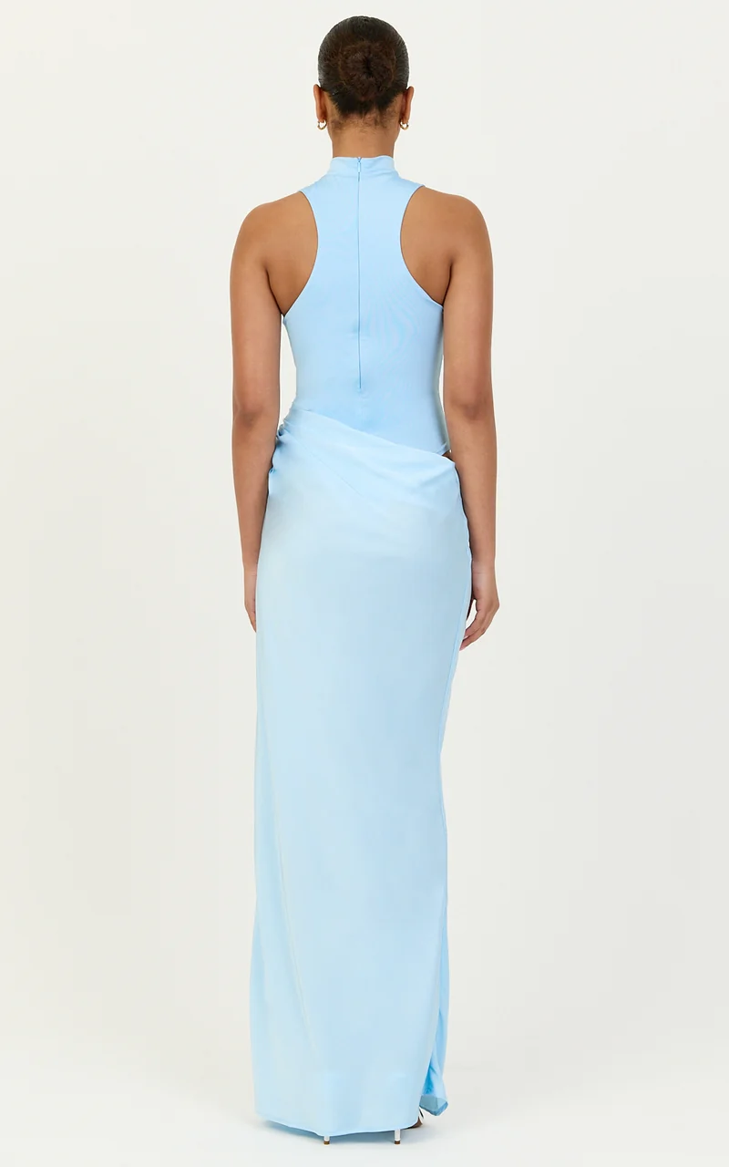 Elodie Maxi Dress - High Neck Draped Overlay Dress in Light Blue