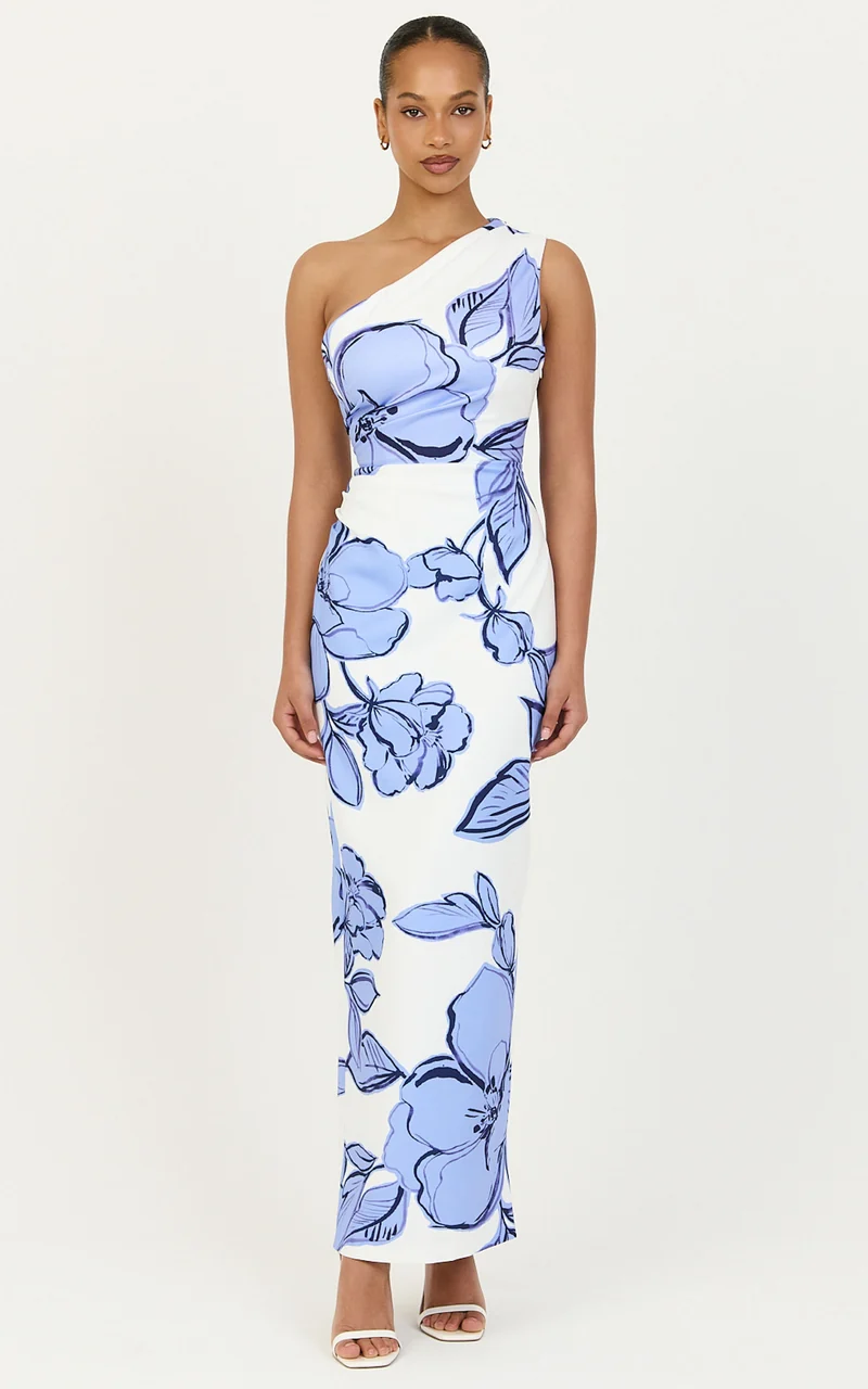 Elke Midi Dress - One Shoulder Fitted Dress in Blue Bouquet Di Fiori Print