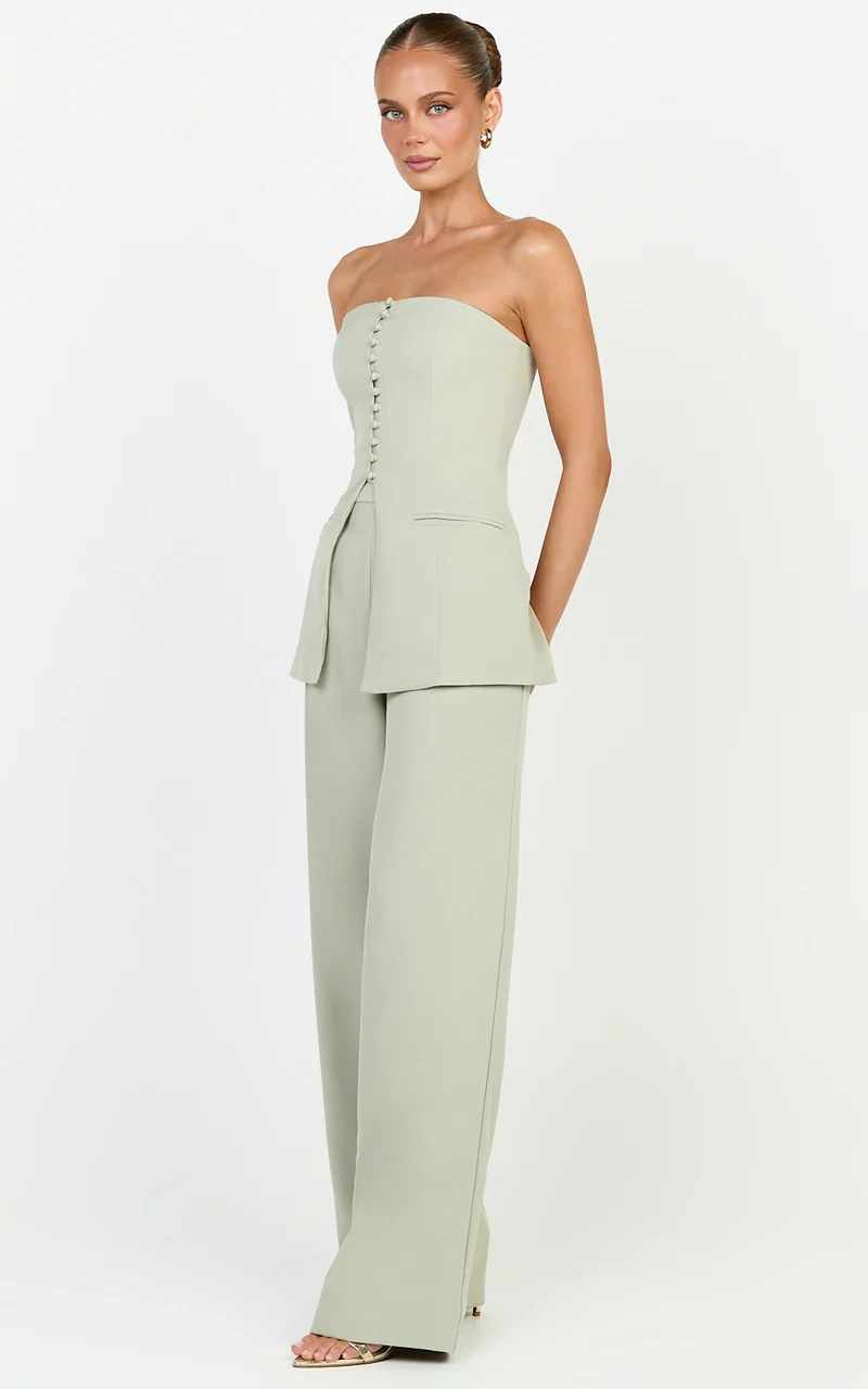 Amelia Two Piece Top and Pant Set - Strapless Button Down Top And Tailored Wide Leg Pants Set in Sage